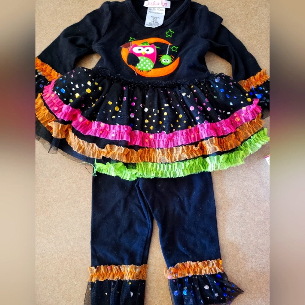 Jessica Ann Halloween Owl Ruffle Dress with Leggings